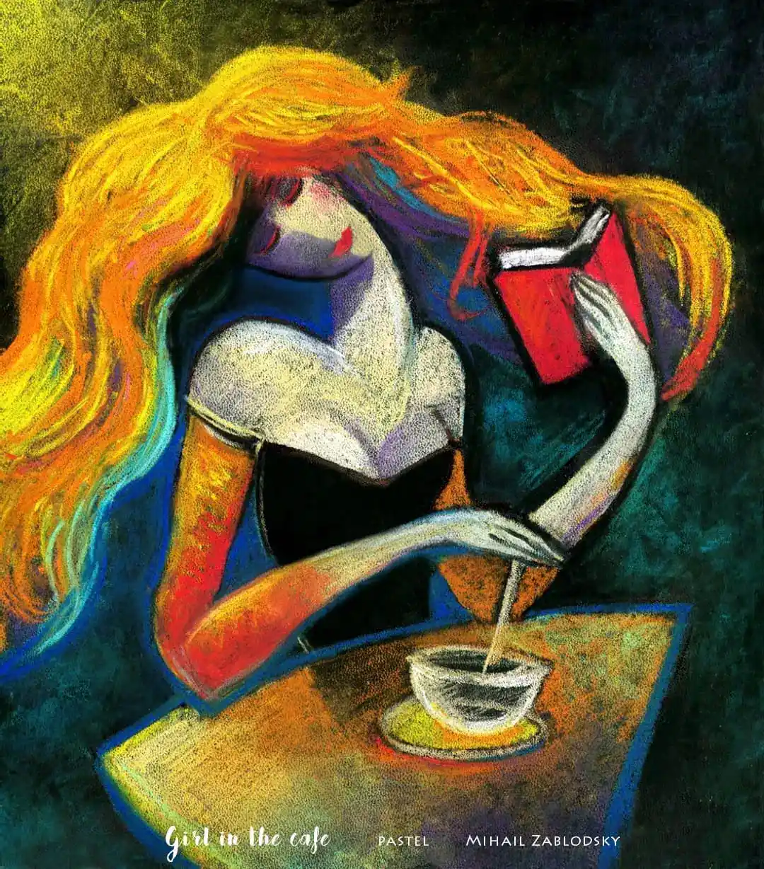 Mihail Zablodsky — Girl in a Café — pastel on paper, urban portrait, cozy atmosphere, expressive style.