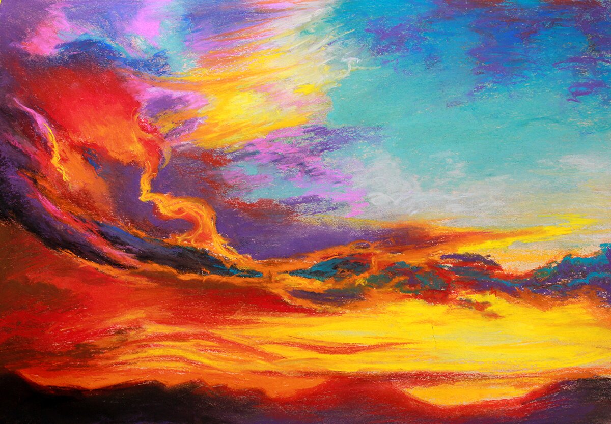 Mihail Zablodsky — Sunset Study — pastel on paper, abstract sky, warm palette landscape