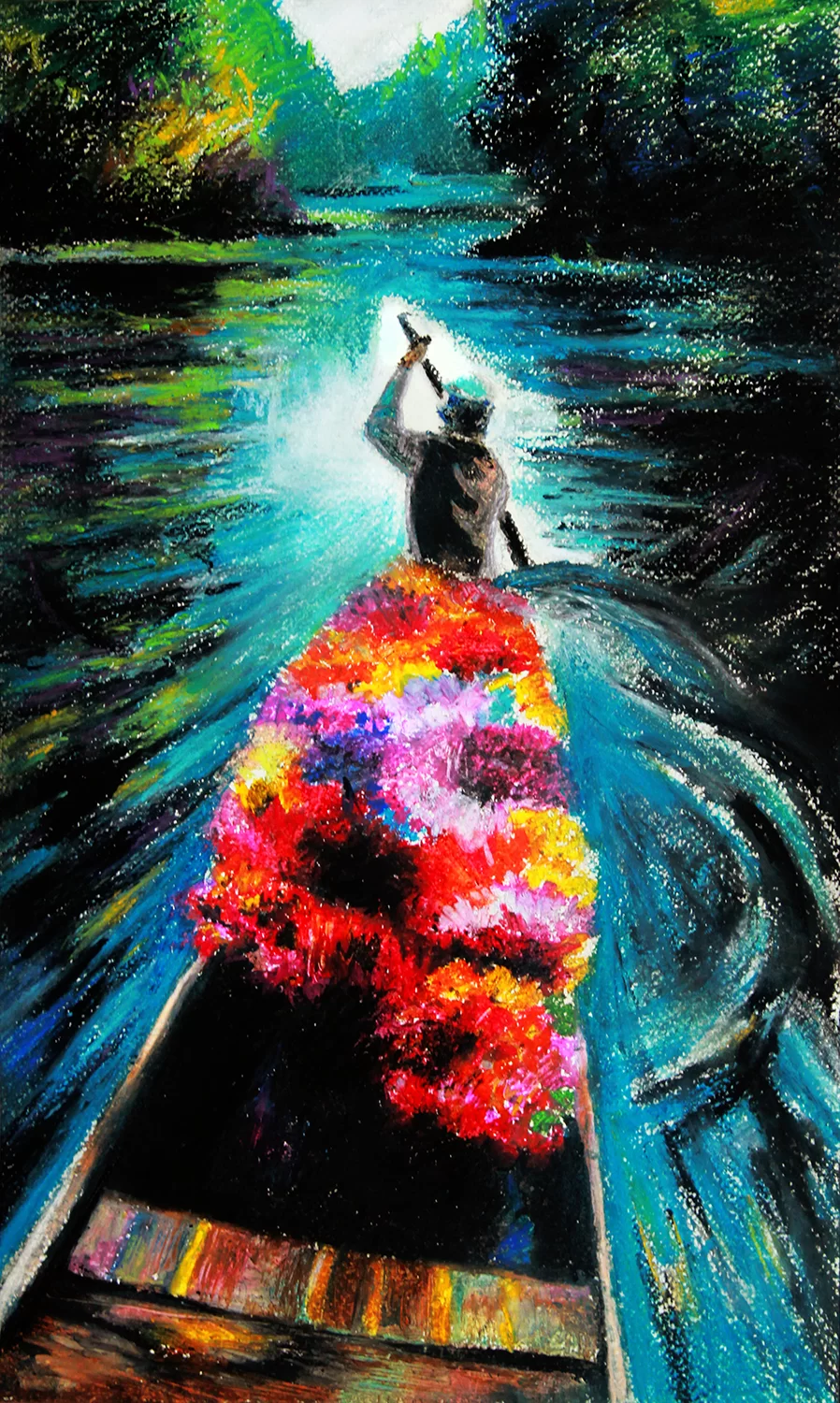 Mihail Zablodsky — Flower Vendor Kashmir — pastel on paper, boat with flowers, orientalist impressionism