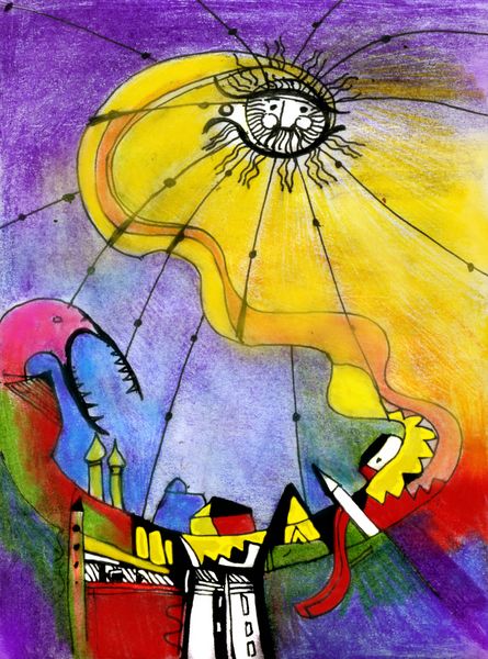 Mihail Zablodsky — Kyiv — pastel on paper, Hundertwasser style, organic architecture, colorful city