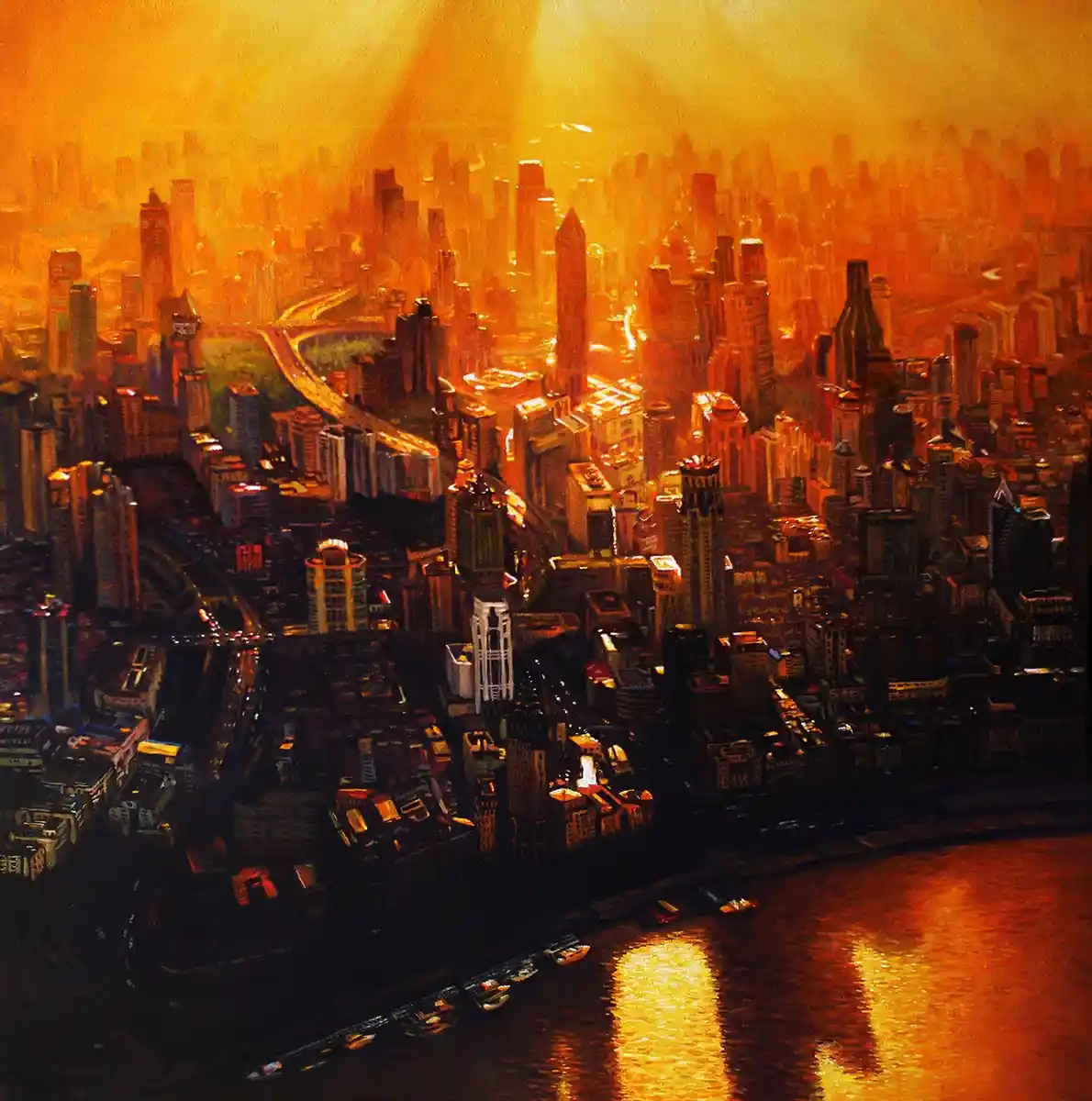 Mihail Zablodsky — Shanghai — harbor cityscape, sunset oil painting, urban impressionism.