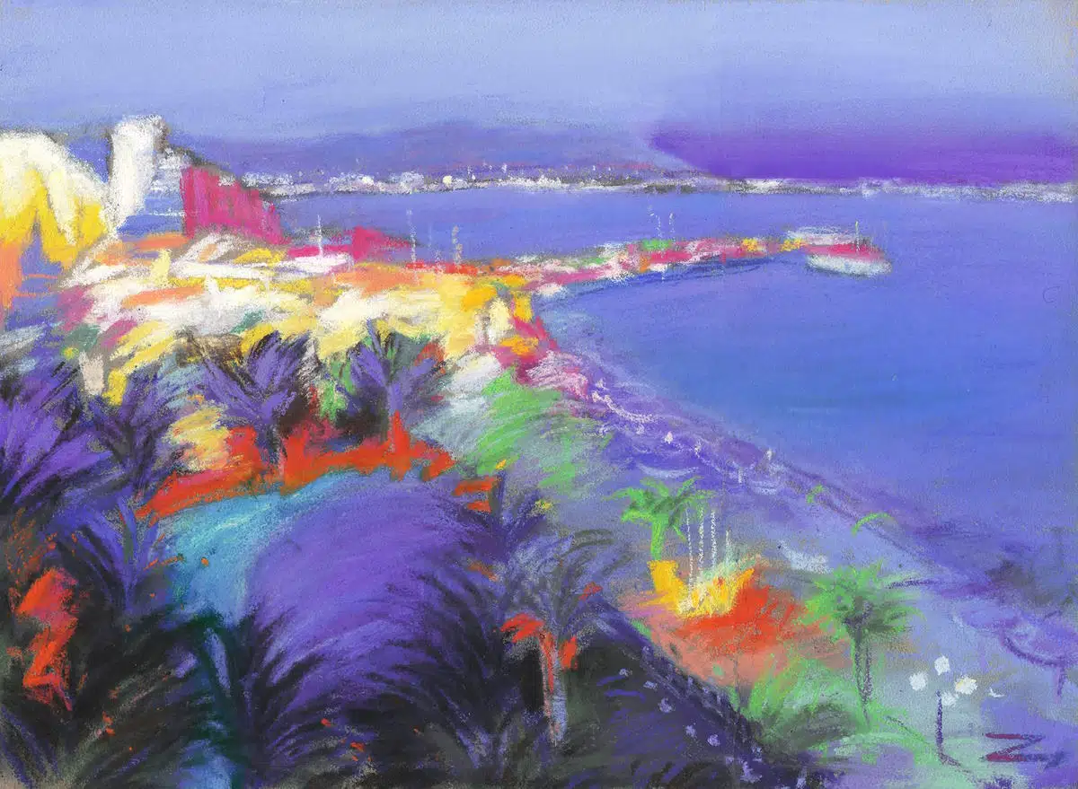 Mihail Zablodsky — Southern City — pastel on paper, coastal landscape, Mediterranean vibe, impressionism