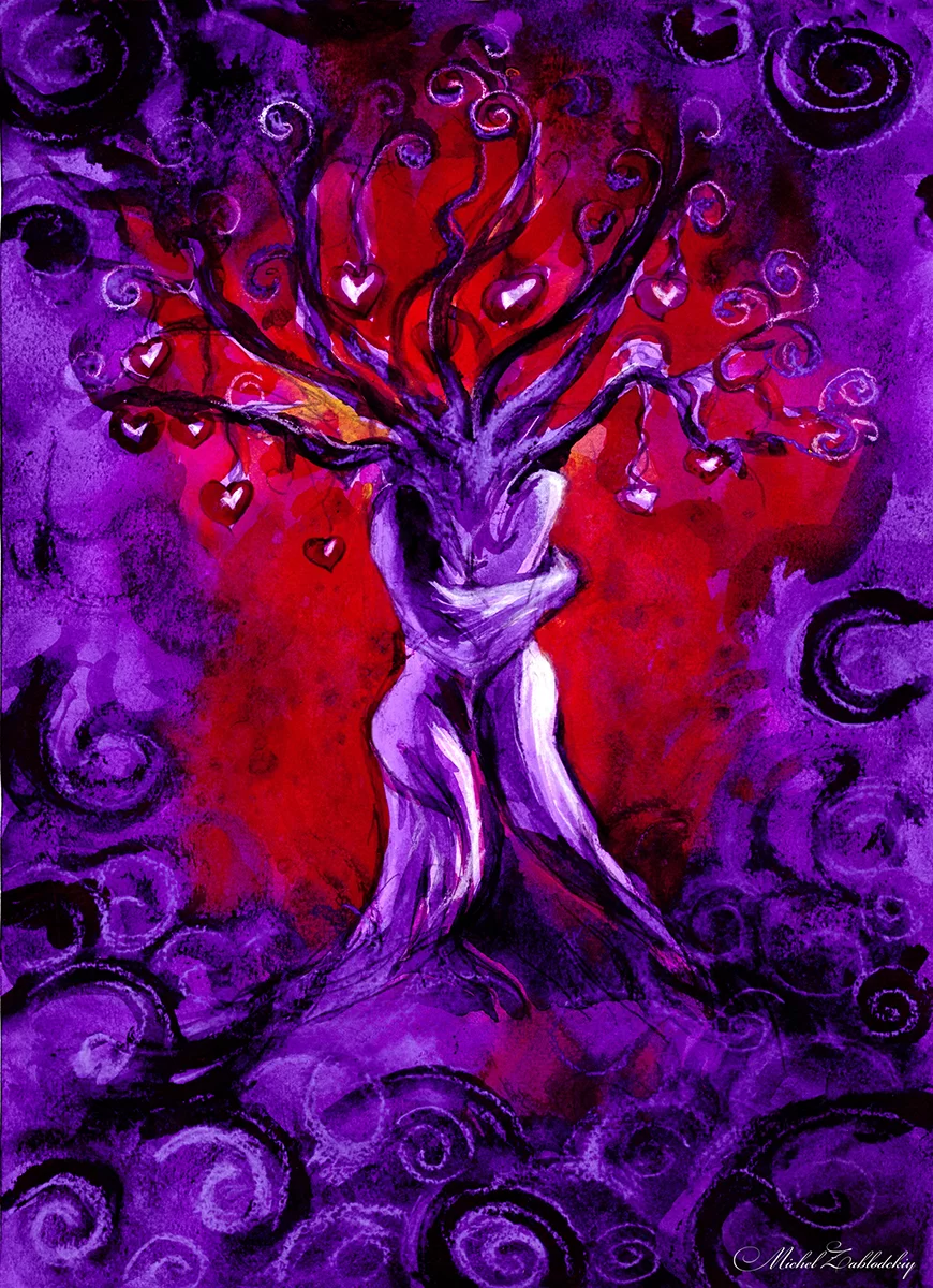 Mihail Zablodsky — Tree of Love — pastel on paper, lovers silhouette, symbolic tree, romantic surrealism.