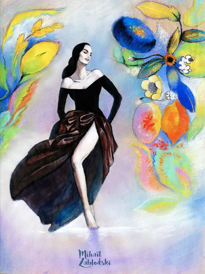 Mihail Zablodsky — Garden of Delights — pastel on paper, floral symbolism, female figure, surrealist garden.
