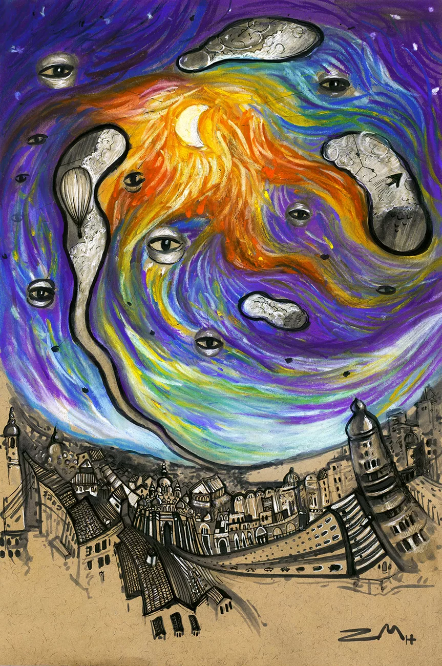 Mihail Zablodsky — Parallel Reality — pastel on paper, surrealism, monochrome vs color, metaphysical art