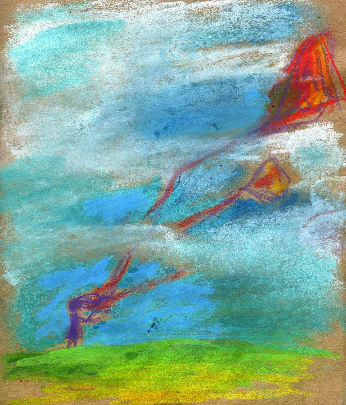 Mihail Zablodsky — Dreams — pastel on paper, kites in the sky, symbolic blue landscape