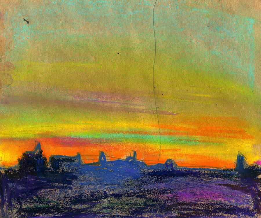 Mihail Zablodsky — Kyiv Hills — pastel on paper, Landscape Alley, twilight city view