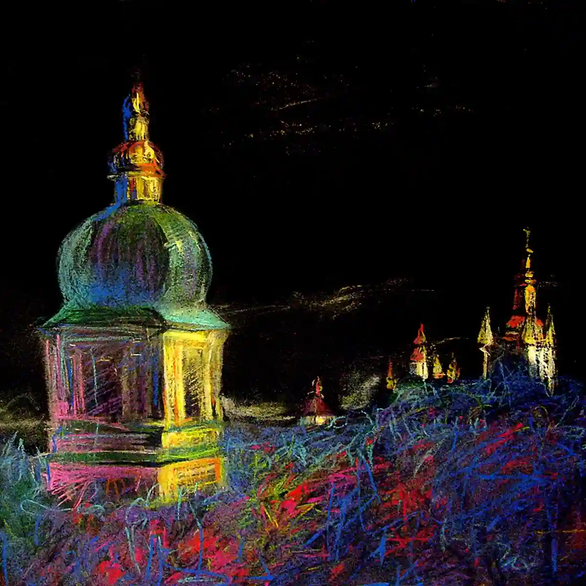 Mihail Zablodsky — Kyiv-Pechersk Lavra — pastel on paper, nocturnal landscape, Kyiv architecture